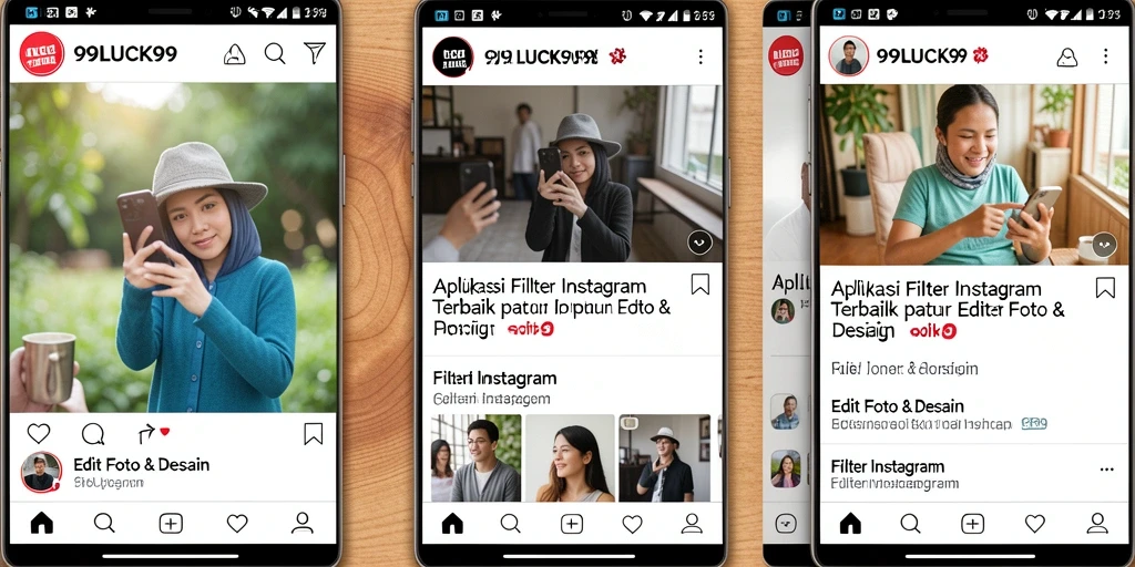 Antarmuka menarik dan beragam filter aplikasi 99LUCK99 untuk Instagram.